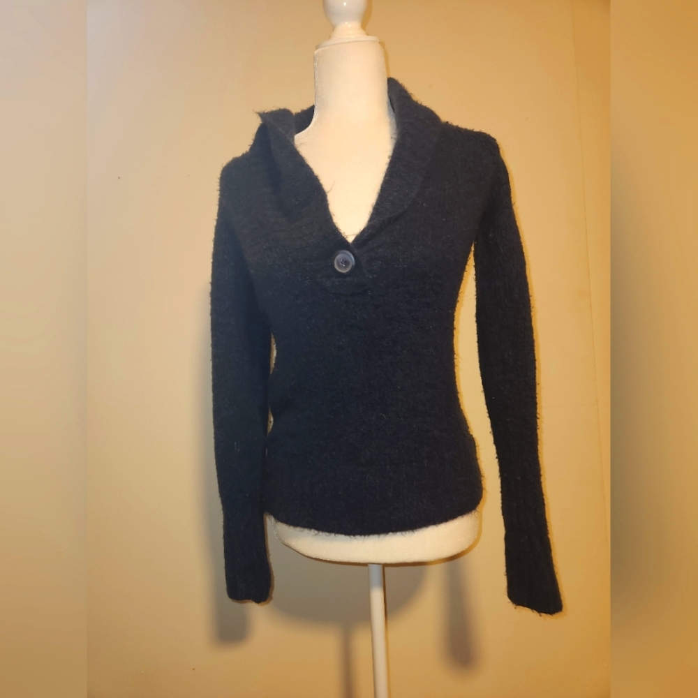 VTG vintage Y2k Dark Navy Blue Fuzzy Shawl Collar V- Neck Sweater Medium M EUC